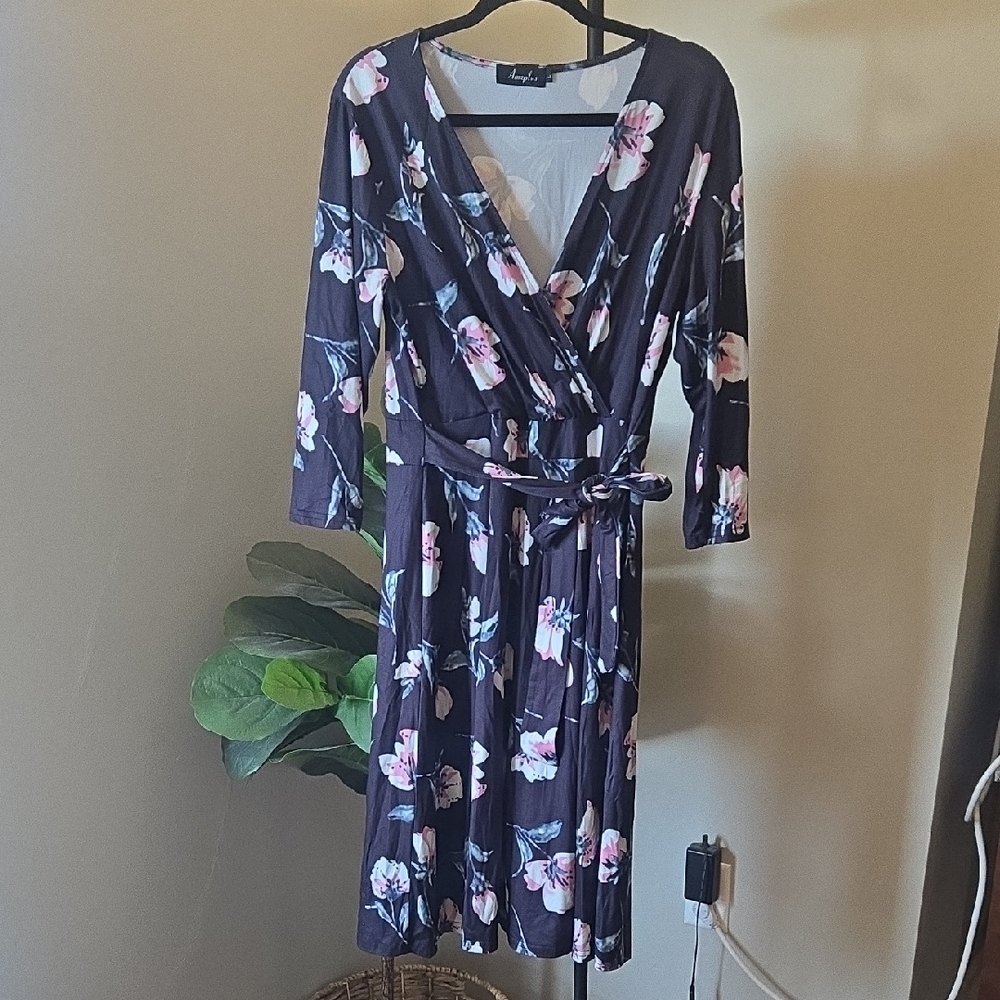 Dark Blue Black Floral Faux Wrap Long Sleeve 3/4 Sleeve Dress For Spring